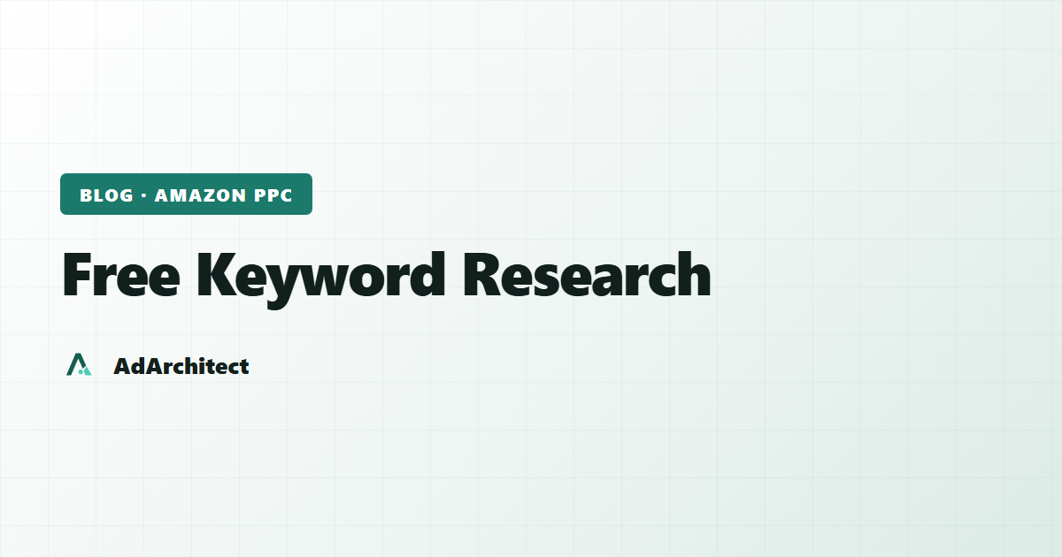 AdArchitect blog banner with the topic label "Free Keyword Research" on a light gradient card with a subtle grid pattern
