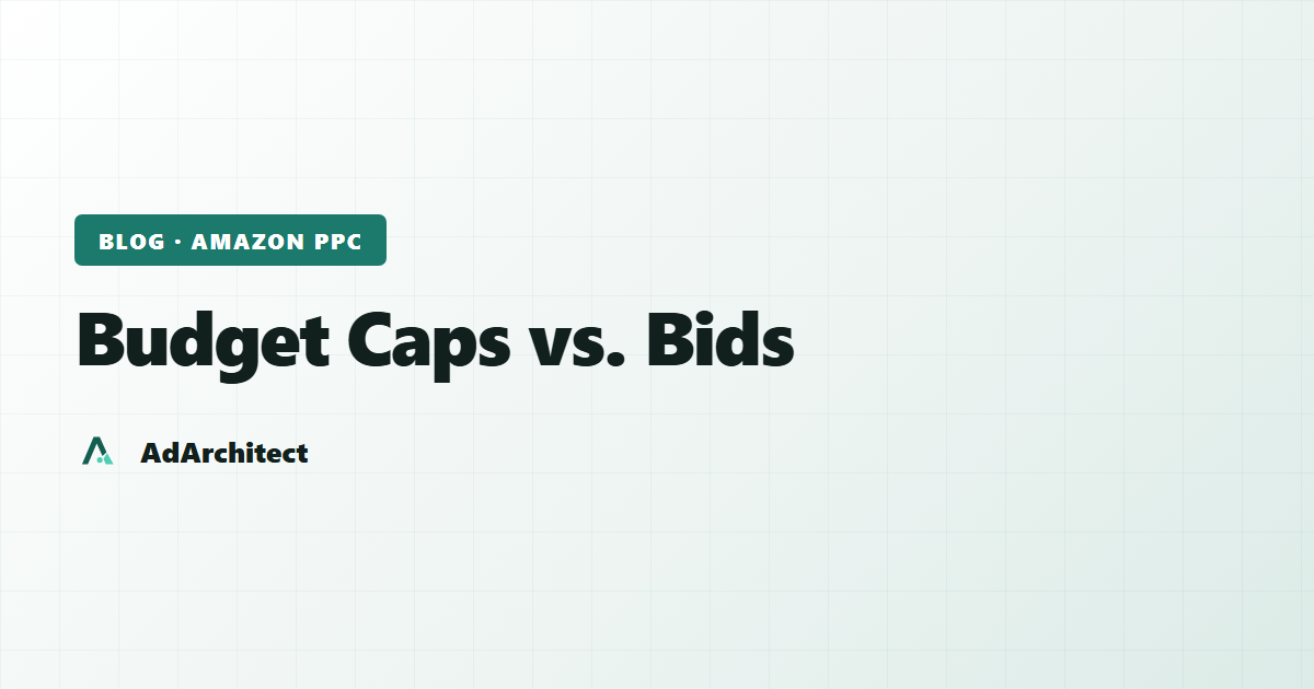 AdArchitect blog banner with the topic label "Budget Caps vs. Bids" on a light gradient card with a subtle grid pattern