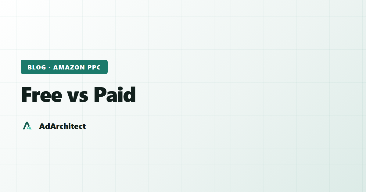 AdArchitect blog banner with the topic label "Free vs Paid" on a light gradient card with a subtle grid pattern