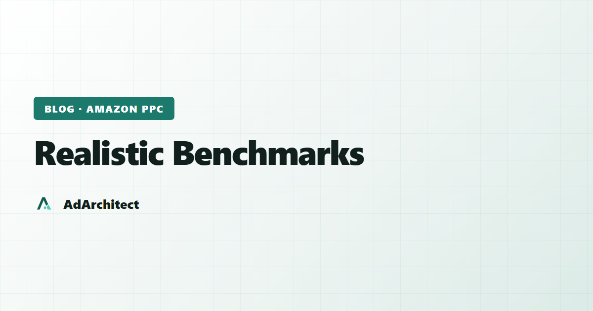AdArchitect blog banner with the topic label "Realistic Benchmarks" on a light gradient card with a subtle grid pattern